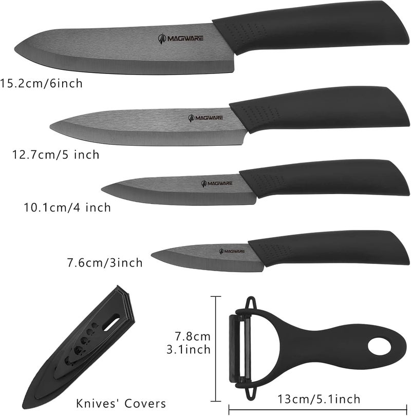 Magiware 5-Piece Chef Ceramic Knife Set (4 Ceramic Knives 4 Blade Guard and 1 Peeler), Never Rust Never Oxidize Food Stain Proof - Image 3